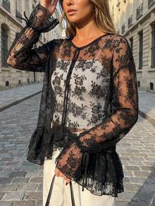 FRIFUL Women's Round Neck Cardigan With Ruffled Hem Contrast Lace Blouse - Black - View 12