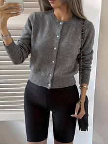 DAZY Women's Shiny Sequin Embellished Casual Cardigan Sweater - Grey - View 3
