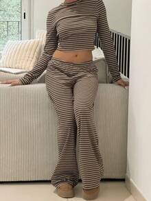 IamThia Damen Lässig Homewear Pyjama Set, beinhaltet gestreiftes Crew Neck Langarm T-Shirt und weite gestreifte gerade Hose, geeignet für den täglichen Gebrauch, Sport, Herbst/Winter - Braun - Übersicht 3