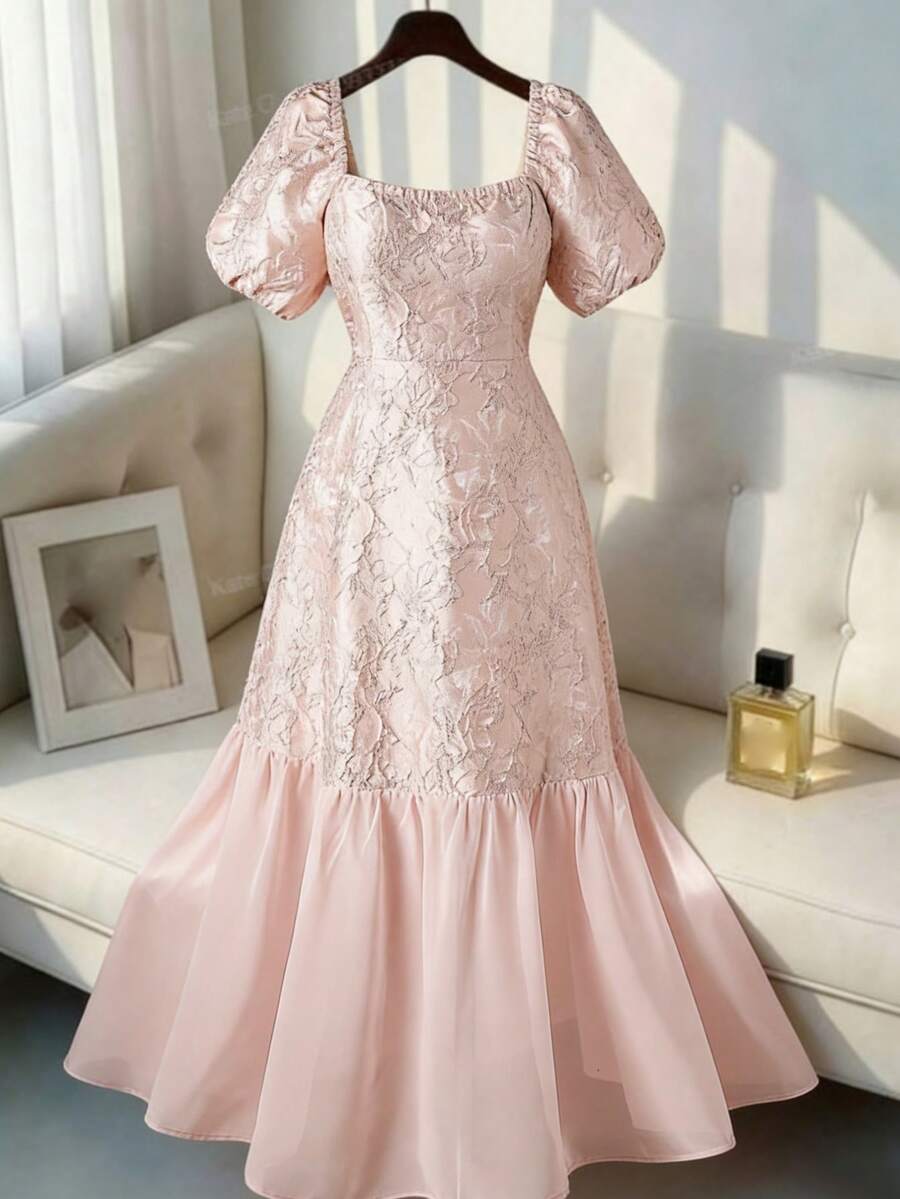 Rometta 大码优雅法式方领提花雪纺拼接长裙，适合春夏、上学、度假、毕业典礼、节日、情人节、圣诞节、音乐节、母亲节、万圣节、感恩节、复活节、国庆节、舞会、生日、约会、婚礼、郊游等场合。 - 粉色 - 查看 1