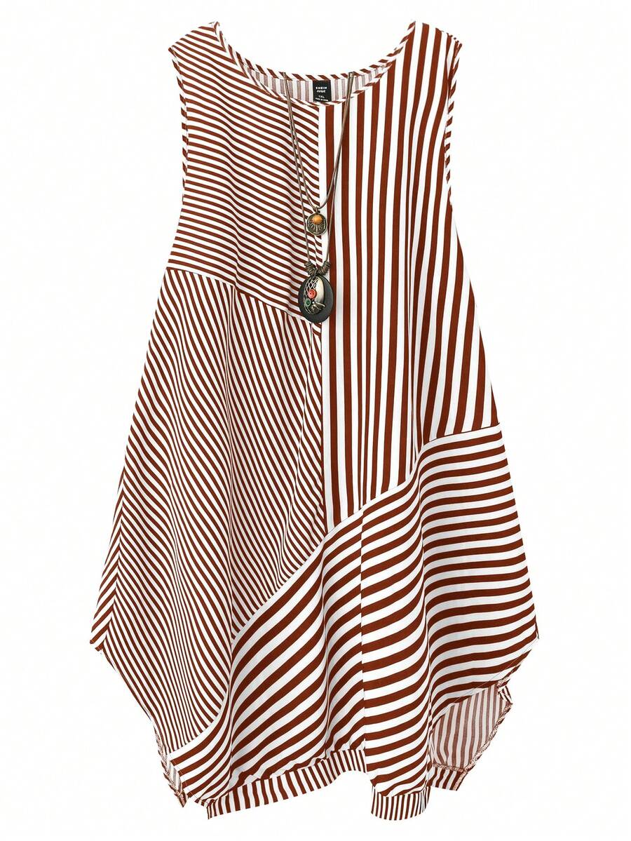 SHEIN Plus Size Color Block Striped Round Neck Sleeveless Dress - Coffee Brown - View 1