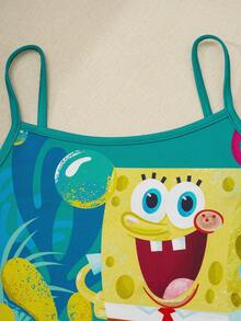 SpongeBob SquarePants | SHEIN 两件套休闲风少女舒适吊带背心和裤子家居服 - 彩色 - 查看 3