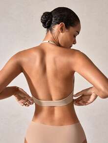 Veilyse 1pc Seamless Ribbed Racerback V-Neck Sports Bra, Removable Pads, Soft Comfortable Breathable Yoga Brafor Summerfor Summer - Khaki - View 3