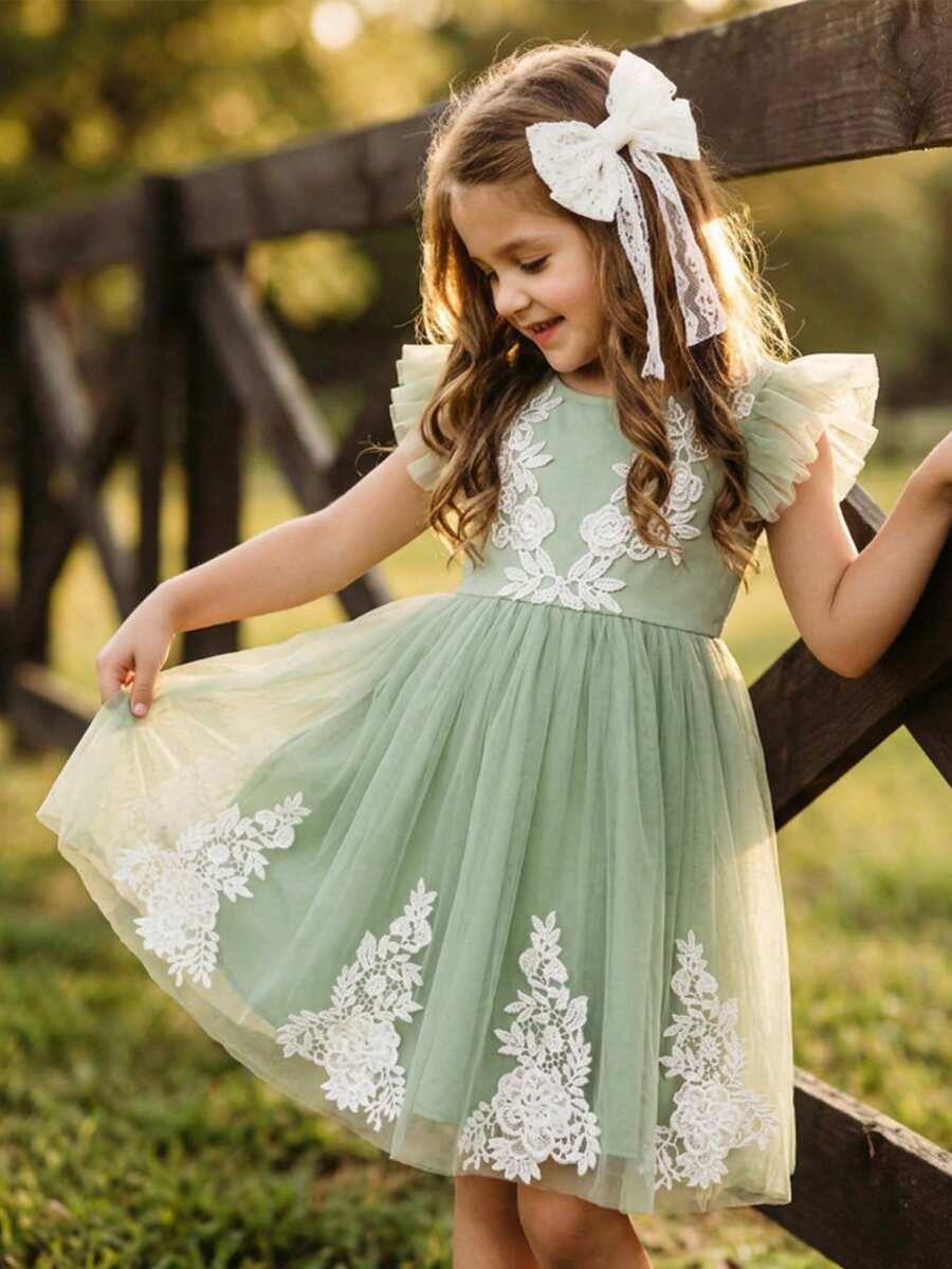 Young Girl Elegant & Cute Green Mesh Floral Applique Cap Sleeve Dress Pastel Green Kids Dresses Olive Green Children Dresses Sage Flower Girl Dress Enchanting Garden Kids Dress - Green - View 1