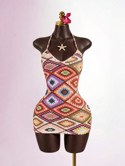 SaltGleam SaltGleam Đầm ngắn nữ in họa tiết, dây mảnh, cổ chữ V, kiểu dáng thường ngày, chất liệu vải xuyên thấu, ôm sát cơ thể, gợi cảm cho kỳ nghỉ biển của các cô gái trẻ, thích hợp cho mùa xuân/hè.