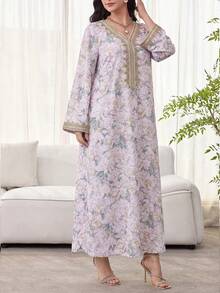 Al Najma 女士花卉印花钩编拼接长袖连衣裙，优雅端庄的A字型卡夫坦长袍，适合晚宴/婚礼宾客/周年纪念/日常穿着 - 淡紫色 - 查看 4