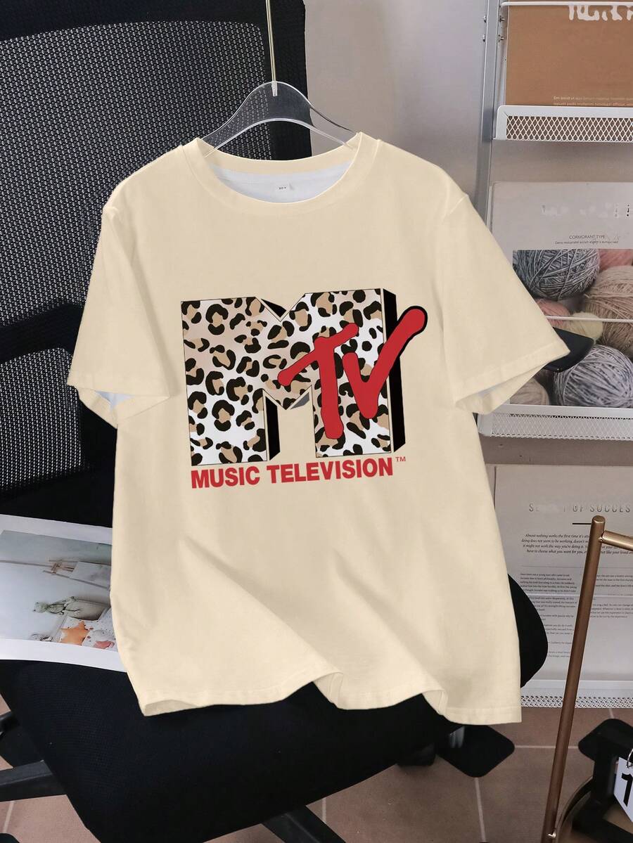 MTV | SHEIN Áo thun ngắn tay cổ tròn in chữ họa tiết da báo dành cho bé gái tuổi teen, kiểu dáng thường ngày. - trắng - Xem 1