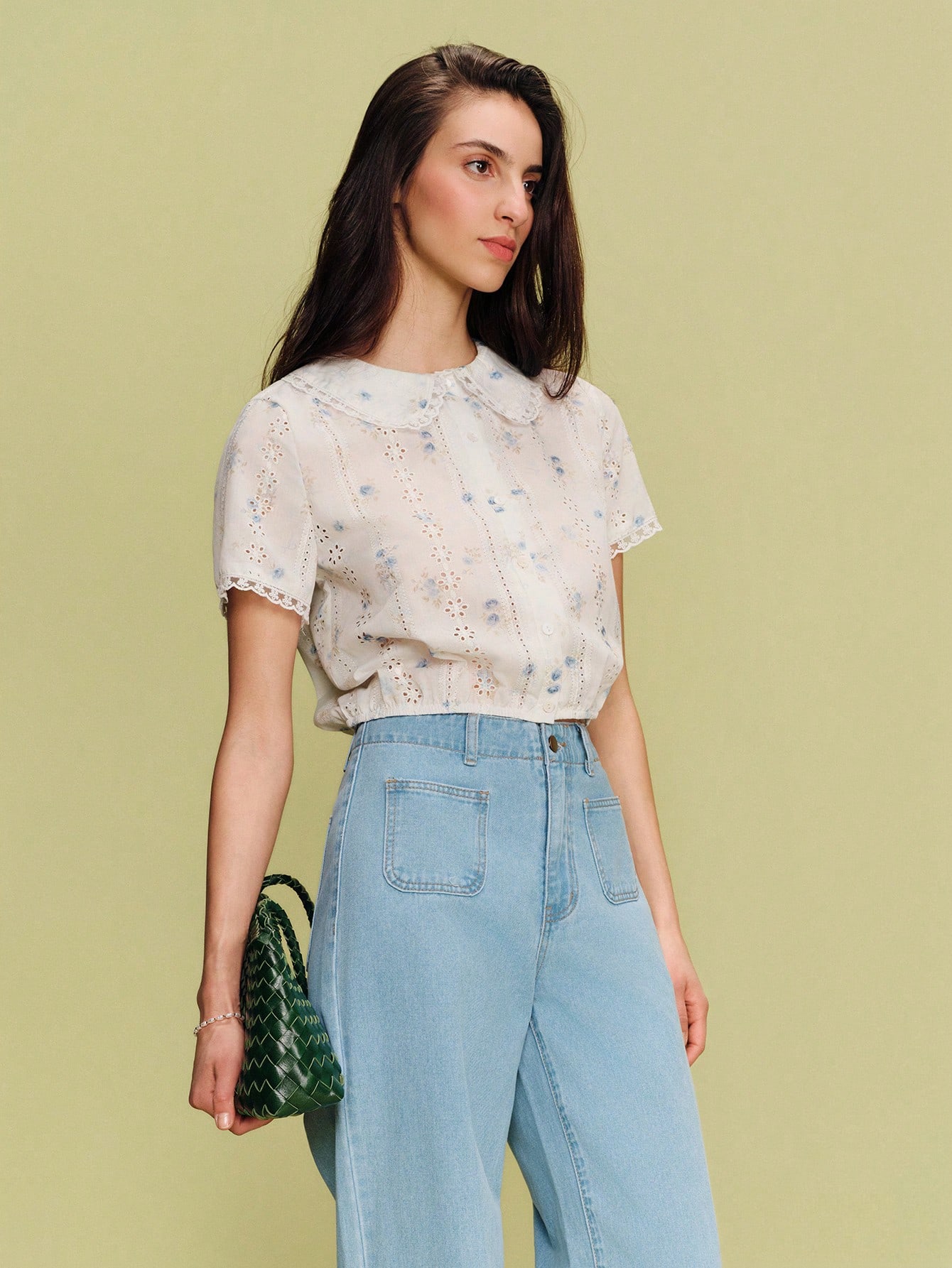 White Floral Embroidered Blouse With Peter Pan Collar Office Top Cute Top Vacation Top Spring Summer Holiday Top French Style Parisian Style