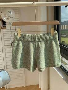 Comfortcana Bộ áo len và quần short cạp cao màu trơn có dây rút, kiểu dáng thường ngày, thích hợp cho mùa thu/đông. - màu xanh lá - Xem 2