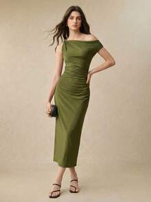 BizChic 春夏新款金属扣不对称肩带缎面连衣裙，时尚优雅，都市通勤日常浪漫90年代复古风，适合圣诞节、新年、情人节、派对、海滩、毕业典礼、时尚、嘉年华、假日、婚礼宾客、早午餐、机场等多种场合。 - 酪梨綠 - 查看 1