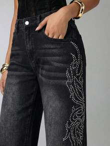 Aloruh 女士休闲水洗水钻装饰阔腿牛仔裤 - 黑色 - 查看 2