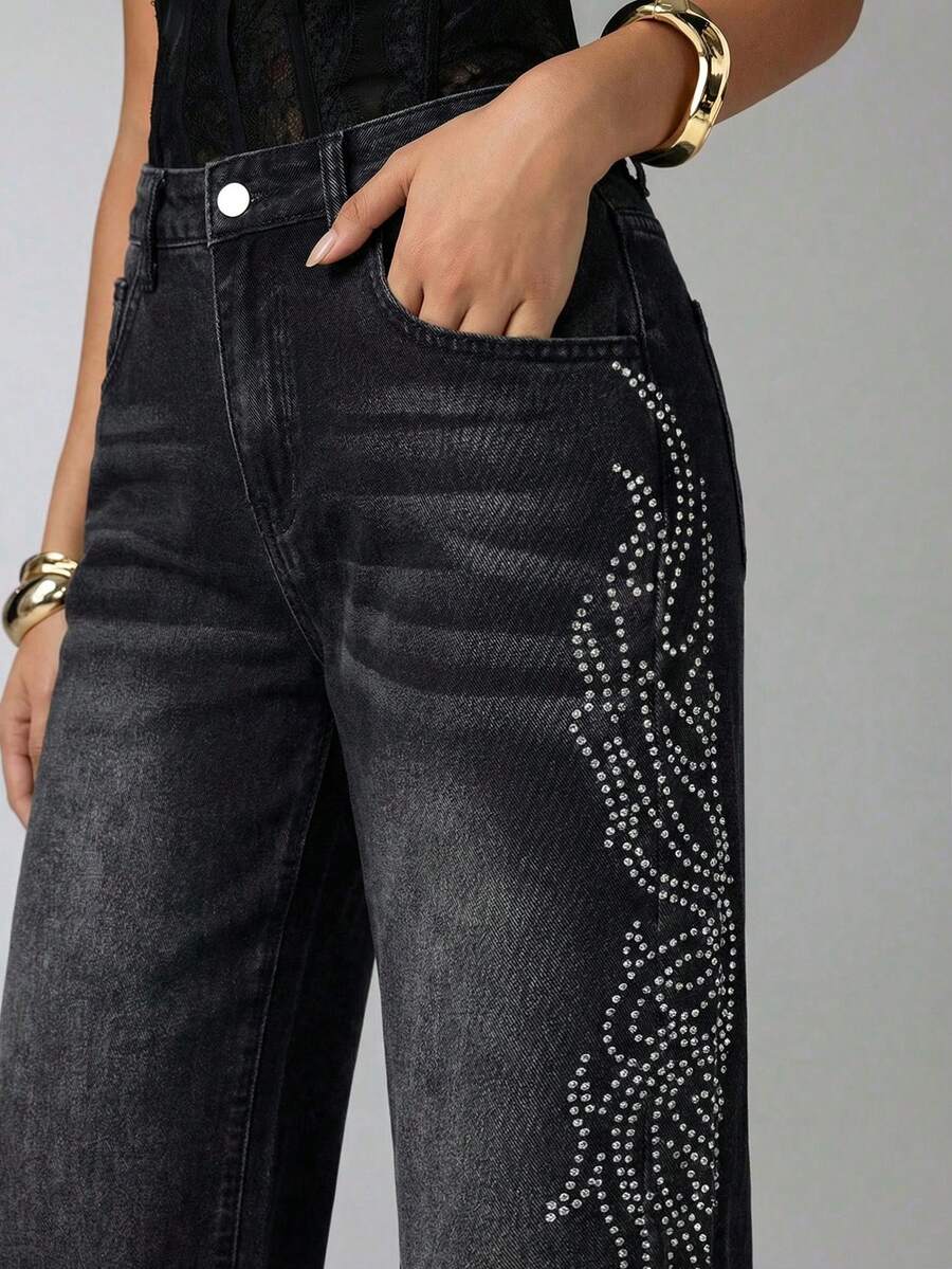 Aloruh 女士休闲水洗水钻装饰阔腿牛仔裤