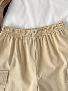 SHEIN Streecool Kids 两件套男童宽松休闲街头风套装，数字印花撞色条纹袖上衣搭配阔腿工装裤，适合日常、通勤、休闲、街头、度假、派对、用餐等场合。 - 卡其色 - 查看 5