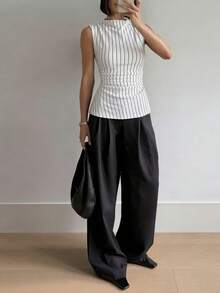 Siren Gaze Áo camisole ôm dáng, xếp ly, kẻ sọc dành cho nữ - trắng - Xem 8