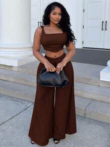 Alexandranx New Spring/Summer Vacation Casual Fishbone Suspender Pants & Wide Leg Trousers With Pockets 2 Pieces Textured Fabric Set - B Tan Two Piece Set Linen Two Piece Set - Coffee Brown - View 4