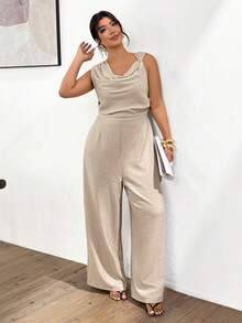 Lounesse Plus Size Women's Hooded Jumpsuit With Side Metal Buckle, Apricot Color Work Outfits Women Work From Home Outfits Spring/Summer Casual Vacation Jumpsuit For Women - Apricot - View 5