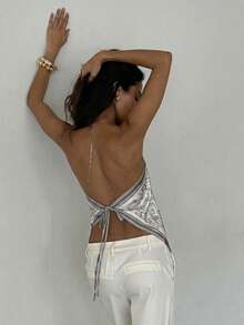 Aloruh 女士优雅扎染雪纺印花露背沙滩度假上衣 - 灰色 - 查看 2