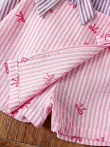 SHEIN Quần short kẻ sọc cho bé gái (cỡ nhỏ) có nơ trang trí. - Nhiều màu - Xem 5