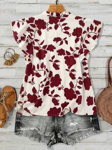 SHEIN LUNE CURVE Plus Size Vintage French Elegant Cap Sleeve Blouse, Spring/Summer, Floral Print Shirt - Red - View 2