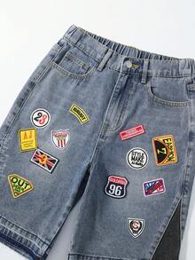 ROMWE MEN Street Life Quần short denim dáng rộng, thoải mái, có túi vá in chữ dành cho thiếu niên. - Màu xanh lam - Xem 3