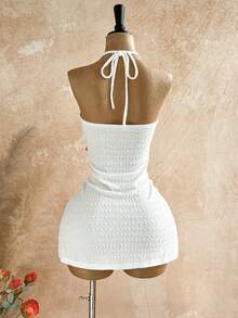 Soleia Plus Size Women's Spring/Summer Vacation Starfish Metal Decor Hollow Lace-Up Backless Mini Dress, Textured Fabric,Summer Outfits,Spring Clothing,Festival Outfits For Women ,Beach Outfit For Women,Holiday Outfits For Women , Birthday Outfits For Women Two Pieces - White - View 3