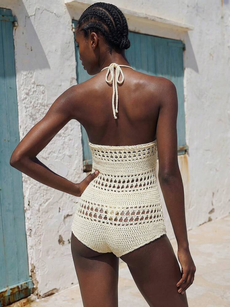 SHEIN Maija Women's Solid Color Hollow-Out Knitted One-Piece Swimsuit, Suitable For Beach Vacation