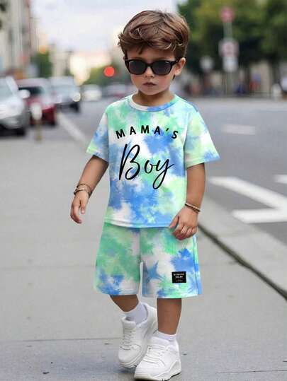 SHEIN Áo thun ngắn tay cổ tròn dáng suông, tối giản, phong cách nghỉ dưỡng, "con cưng của mẹ", nhuộm tie-dye, thể thao, rộng rãi, thoải mái, phù hợp cho mùa xuân và mùa hè.