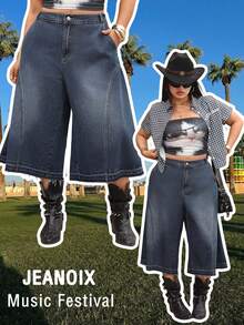 Jeanoix Y2K 大码女式无弹力牛仔七分裤，美式复古水洗做旧阔腿九分牛仔裤，夏季新款直筒七分裤 - 深色水洗藍 - 查看 1