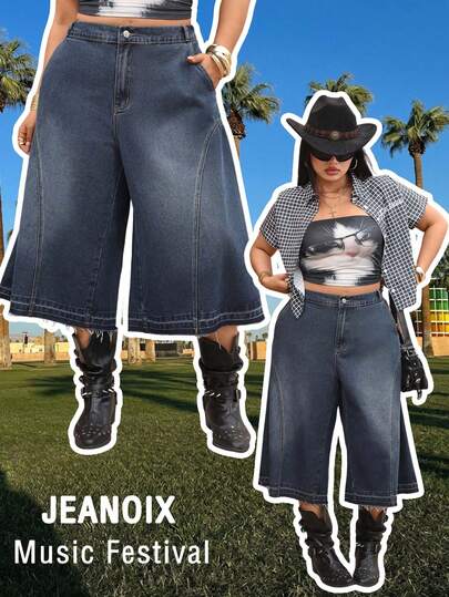 Jeanoix Y2K Plus Size Women's Non-Stretch Denim 7/8 Pants, American Vintage Washed Distressed Wide Leg Cropped Jeans, Summer New Straight Leg Capri Pants