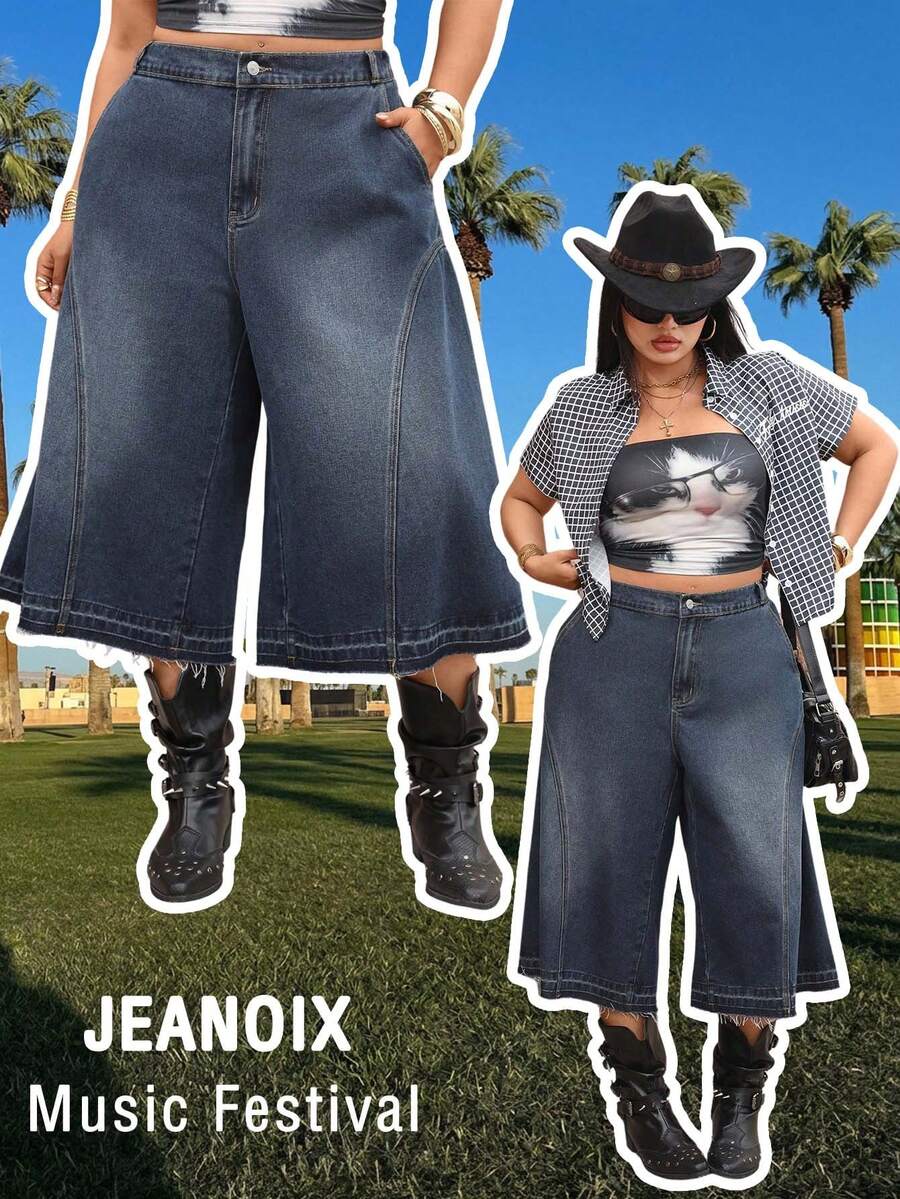 Jeanoix Y2K 大码女式无弹力牛仔七分裤,美式复古水洗做旧阔腿九分牛仔裤,夏季新款直筒七分裤 - 深色水洗藍 - 查看 1