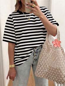 SHEIN CURVE+ Striped Round Neck Casual Short Sleeved T-Shirt, Plus Size Women's T-Shirt, Summer - Black - View 1