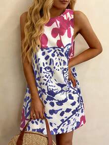 Vaclyn 女士豹纹圆领无袖休闲迷你连衣裙 - 彩色 - 查看 6