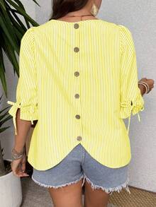 EMERY ROSE Striped Round Neck Cuff Tie Back Decorative Button Plus Size Women Shirt - Light Yellow - View 1