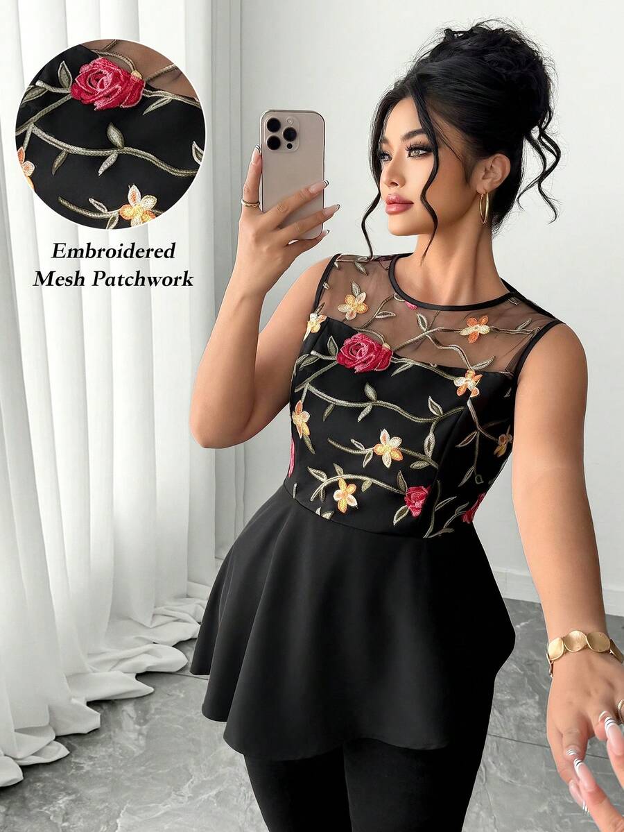 Elenzga Plus Size Women Mesh Embroidered Tank Top, French Vintage Dark Rose, Sleeveless Mesh Embroidered Top, Black Base Red Rose Embroidered Sleeveless , Waist Cinching Mesh Patchwork Slim Fit Tank Top, Suitable For Valentine's Day Date, Small Gatherings, Afternoon Tea Designer Top Women Mesh Top Women Embroidered Top Women Peplum Top - Black - View 1