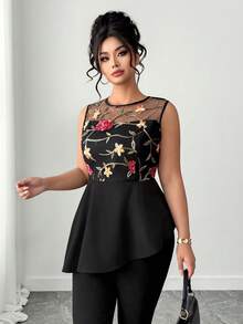 Elenzga Plus Size Women Mesh Embroidered Tank Top, French Vintage Dark Rose, Sleeveless Mesh Embroidered Top, Black Base Red Rose Embroidered Sleeveless , Waist Cinching Mesh Patchwork Slim Fit Tank Top, Suitable For Valentine's Day Date, Small Gatherings, Afternoon Tea Designer Top Women Mesh Top Women Embroidered Top Women Peplum Top - Black - View 7