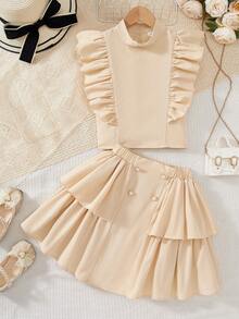 2 Stück Mädchen Outfit mit hellorangem Rüschen-Trim Kurzarm Bluse & Doppel-Rüschen Saum Rock, Frühling/Sommer Neuankömmling - Champagnerfarben - Übersicht 3