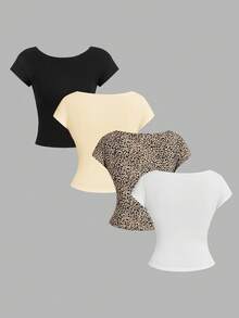 SHEIN Essnce 4 pièces T-shirts femme col rond unicolore ajustés, dos ajouré, adaptés pour l'été - Multicolore - Voir 2