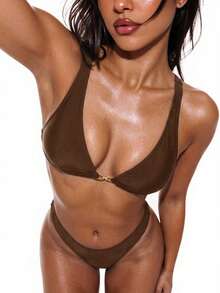 Swim Basics Completo da spiaggia primavera/estate da donna, Bikini da donna, 2 pezzi, elegante e raffinato con decorazione metallica e fibbia, spalline larghe e regolabili, comodo, tessuto in nylon ad alta elasticità, adatto per vacanze estive, spiaggia, piscina, uso quotidiano - Moka Marrone - Visualizzare 5