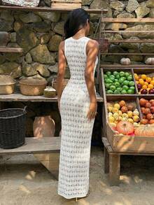 SHEIN Clasi Women's Vacation Beach Cover Up Diamond Hollow Out Sleeveless Crew Neck Knit Long Slit Sweater Dress, Spring/Summer - Apricot - View 2