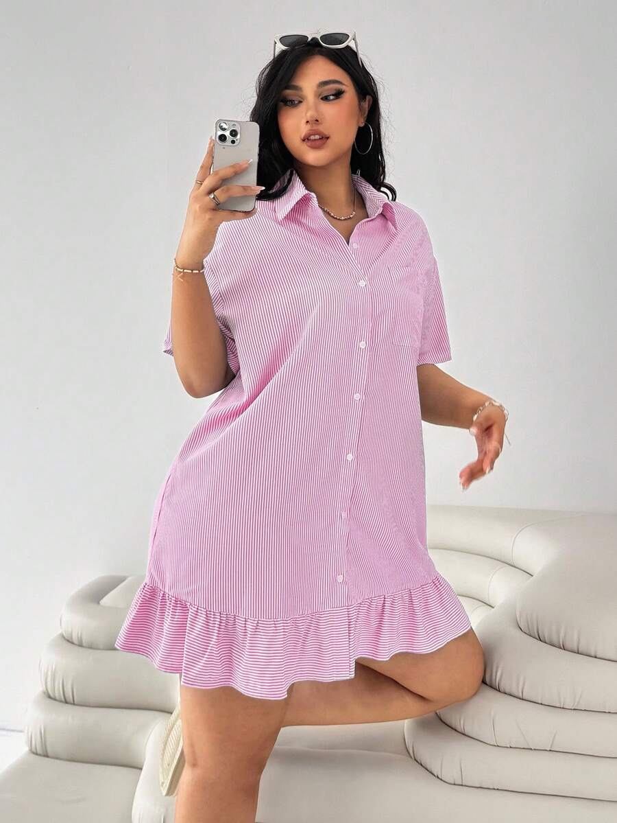 Solflare Navy Blue & White Striped Short Sleeve Ruffle Hem Splice Loose Fit Plus Size Casual Dress, Suitable For Commuting, Back To School, Daily Casual, Dating, Outing - Hot Pink - View 1