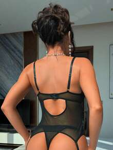 SHEIN Bộ đồ lót 4 món gợi cảm dành cho nữ, cổ điển, thời trang, thanh lịch, trưởng thành, kín đáo, sang trọng với áo corset lưới thêu, dây nịt, quần lọt khe và 2 vòng đeo chân. - màu đen - Xem 2