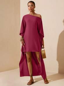 Vesra Women's Vacation Casual Solid Color Asymmetric Collar Dress - Rose Red - View 6