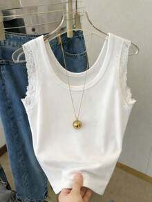 Resyla Áo tank top ngắn tay nữ tối giản, viền ren, thời trang, thích hợp làm quà tặng cho bạn bè. - trắng - Xem 1