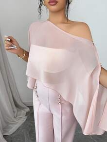 SHEIN Elenzya Bộ đồ nữ mùa hè màu trơn, áo crop top tay ngắn xẻ tà không đối xứng với quần ống loe thắt eo, trang phục công sở thời trang, trang phục đi nghỉ/hẹn hò, ngày Quốc khánh, trang phục giáo viên. - Hồng - Xem 3