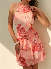 Nevyona Island Vacation Sexy Spaghetti Strap Floral Print Backless Mini Dress - Pink - View 3