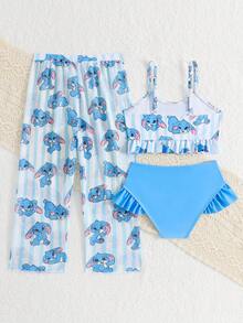 3件套女童（小号）泳衣，印花图案随机 - 藍色 - 查看 2