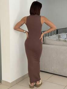 IamThia 极简主义办公室休闲高领无袖修身合身 H 型下摆超长女式毛衣连衣裙，灰色 - 咖啡棕 - 查看 2