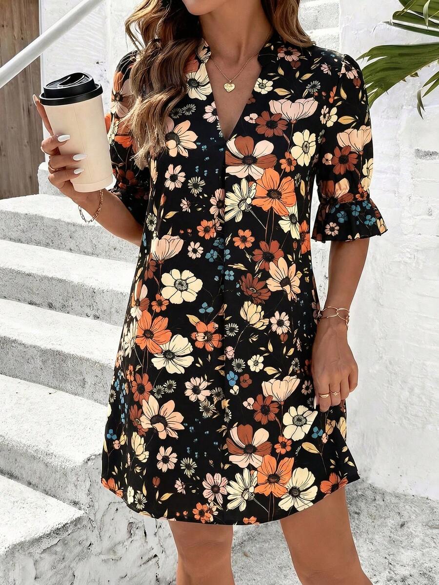 SHEIN Clasi Women's Elegant Floral Print V-Neck Ruffle Sleeve Loose Comfortable A-Line Short Dress - Black - View 1