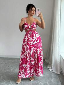 Elenzga Women's Floral Printed Waist-Cinched Maxi Dress,Red And White Summer Beach Vacation Holiday Outfits,Daily Wear Commuting Midi Dress Vacay Outfit - Hot Pink - View 5