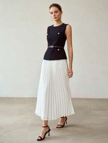 MOTF PREMIUM FASHION RHINESTONE FAUX PEARLS PATCH POCKET SLEEVELESS BELTED TOP & PLEATED SKIRT SET - Navy Blue - View 5